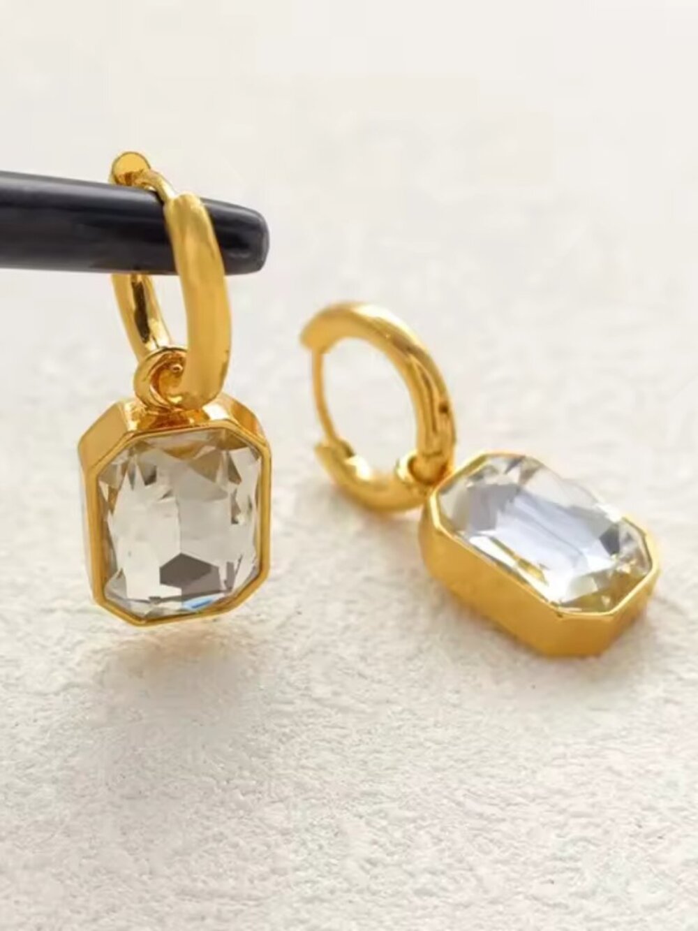 Rectangular Zirconia Stud Earrings Gold Tone Stainless Steel Crystal - NEW